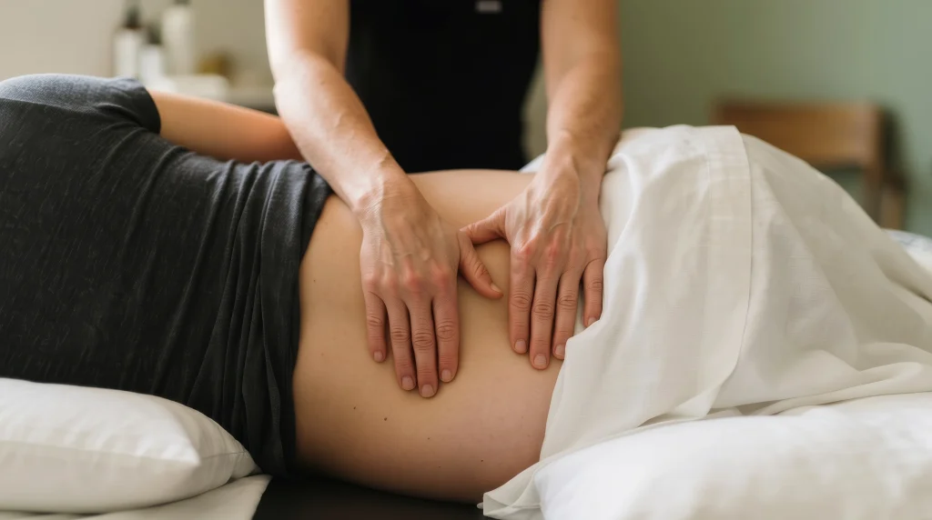 Close-up of a therapist gently massaging a pregnant woman’s lower back in a supported side-lying position.