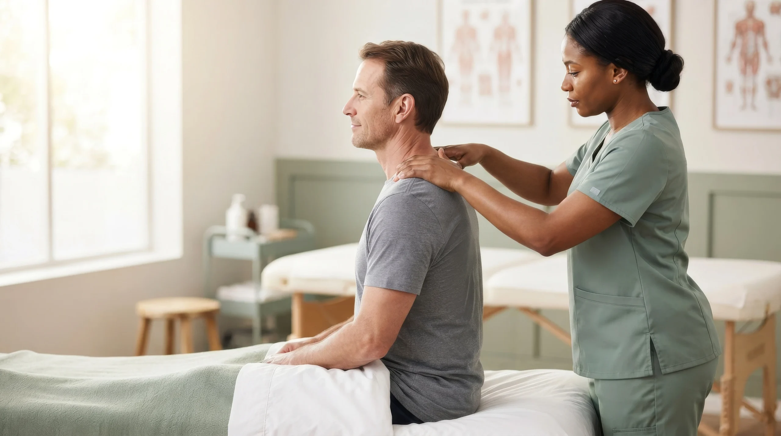 Gentle massage pressure on the upper trapezius for trigger point stiff neck relief.
