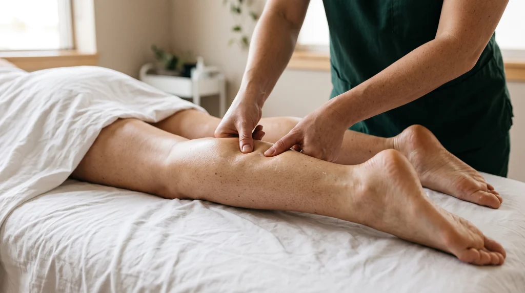Massage therapist applying deep tissue pressure along a client’s calf.