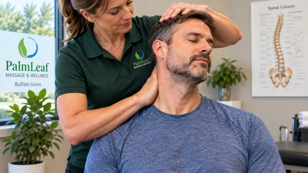 Chiropractor providing a gentle neck adjustment to a man at PalmLeaf Massage & Wellness in Buffalo Grove.
