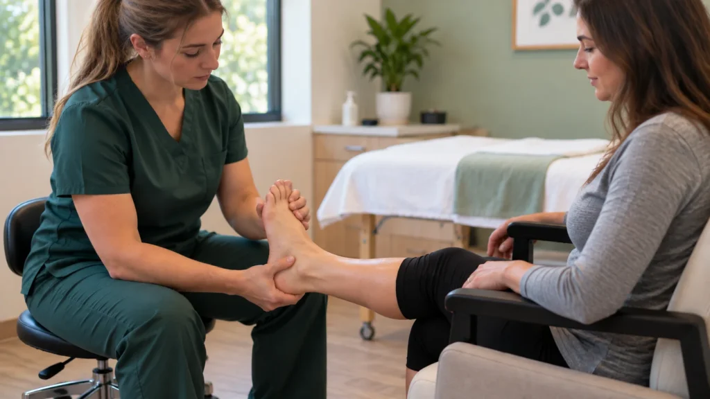 Therapist assessing a seated client’s foot before a reflexology treatment.
