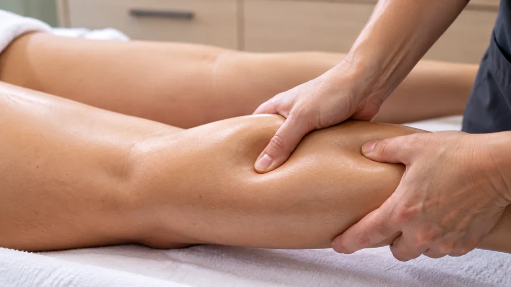 Therapist performing myofascial release on a client’s calf in a clinical treatment room.