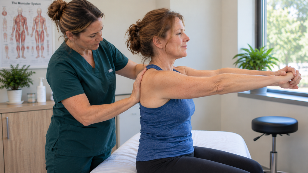 Understanding morning stiffness. Therapist guiding a seated client through a gentle upper-back and shoulder stretch.