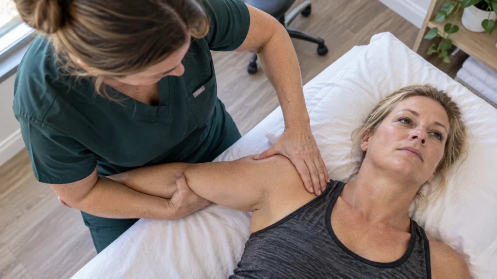 Frozen Shoulder Examples. Overhead view of a therapist supporting a client’s shoulder during hands-on treatment.