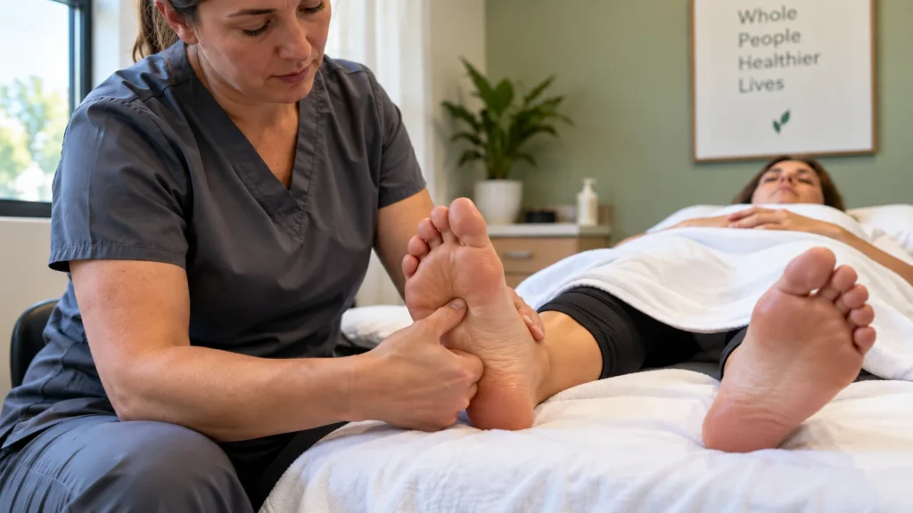 Therapist applying reflexology pressure to a client’s foot during a treatment session.