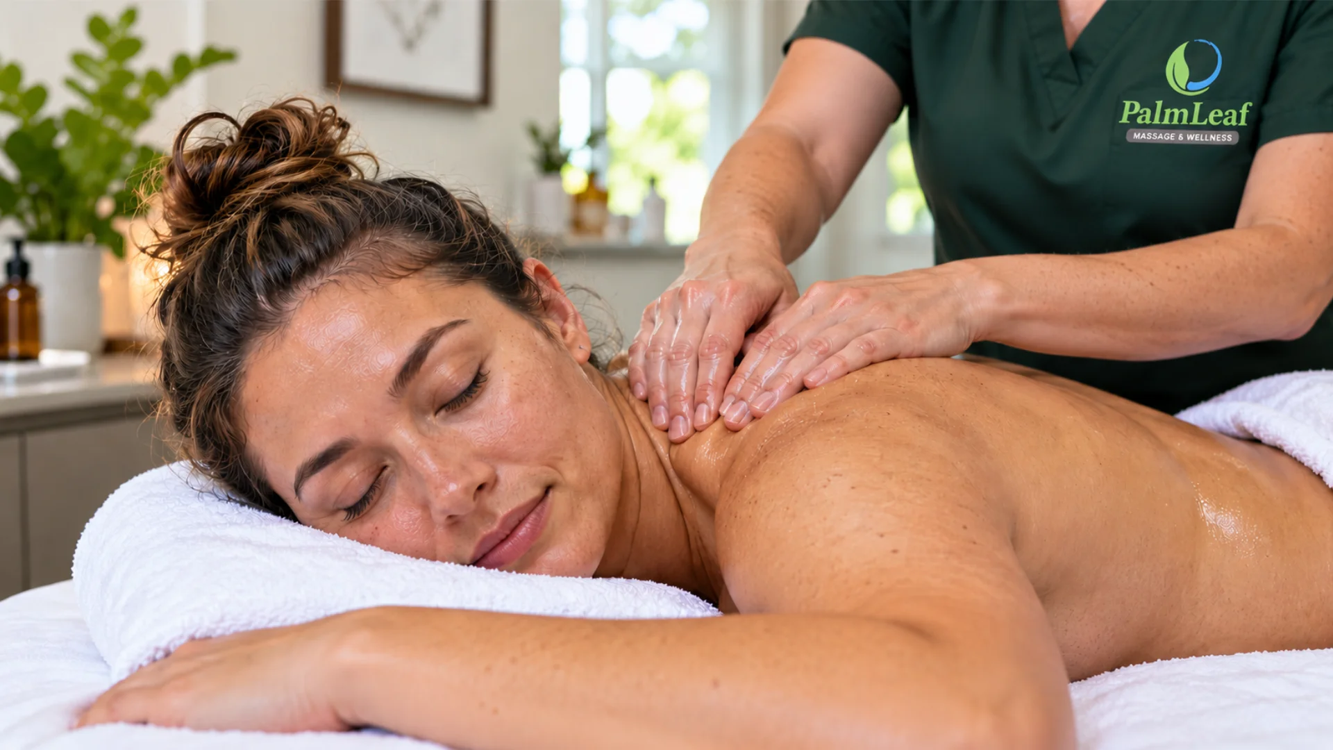 Massage therapist working on a woman’s upper back and shoulders at PalmLeaf Massage & Wellness in Buffalo Grove.