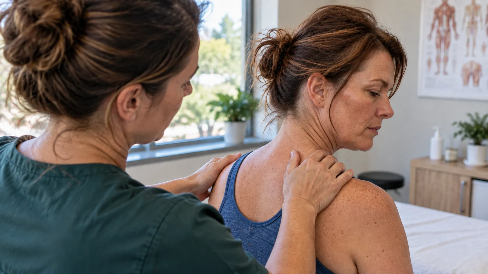 Understanding morning stiffness. Therapist assessing a seated client’s neck and shoulder movement for morning stiffness.