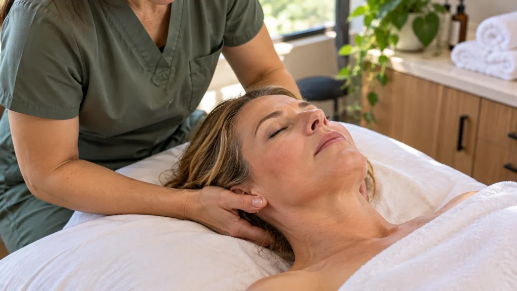 Massage therapist gently supporting a woman's head and neck during a massage for tension headaches in a treatment room.