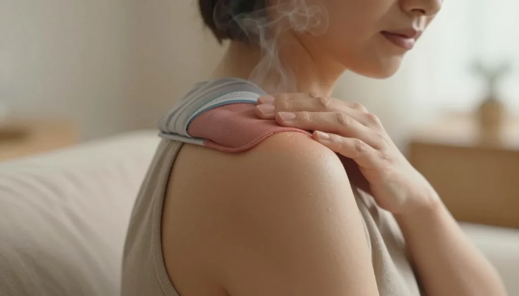 Woman applying a warm compress to her shoulder to help ease muscle knots and tension.