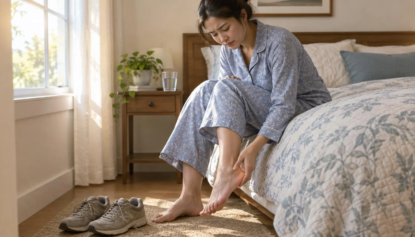Massage for Plantar Fasciitis showing a woman sitting on the edge of her bed holding her painful heel, showing morning foot discomfort associated with plantar fasciitis.