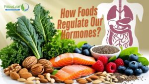 Healthy foods like leafy greens, nuts, seeds, salmon, and berries, illustrating their role in regulating hormones and supporting overall wellness.