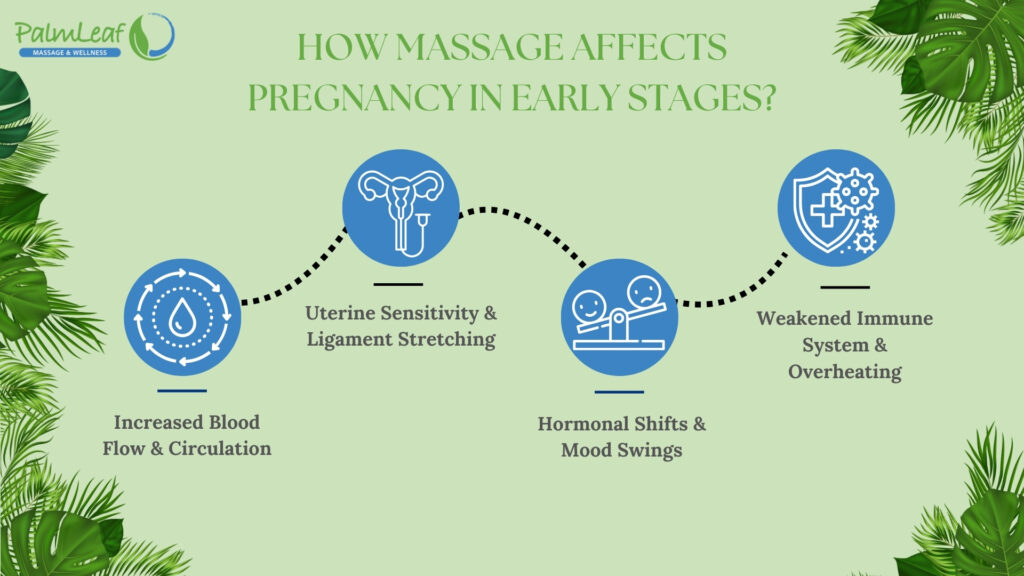 How massage affects pregnancy in early stages – Infographic from PalmLeaf Massage & Wellness highlighting the impact of massage on early pregnancy. The visual outlines key effects, including increased blood flow and circulation, uterine sensitivity and ligament stretching, hormonal shifts leading to mood swings, and a weakened immune system with potential overheating risks. Set against a calming green background with medical icons, this infographic educates pregnant women on the benefits and precautions of massage during early pregnancy.