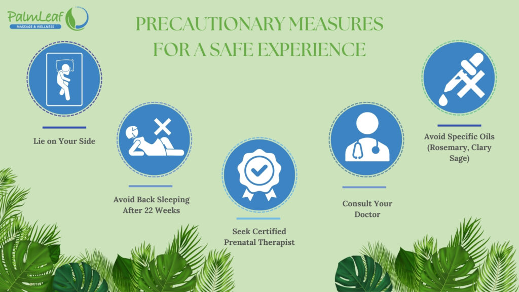 Prenatal massage safety tips - Learn key precautionary measures for a safe experience during pregnancy massage. This infographic from PalmLeaf Massage & Wellness highlights essential guidelines, including lying on your side, avoiding back sleeping after 22 weeks, seeking a certified prenatal therapist, consulting a doctor, and avoiding essential oils like rosemary and clary sage. Designed with a calming green background and medical icons, this visual ensures pregnancy massage safety awareness.